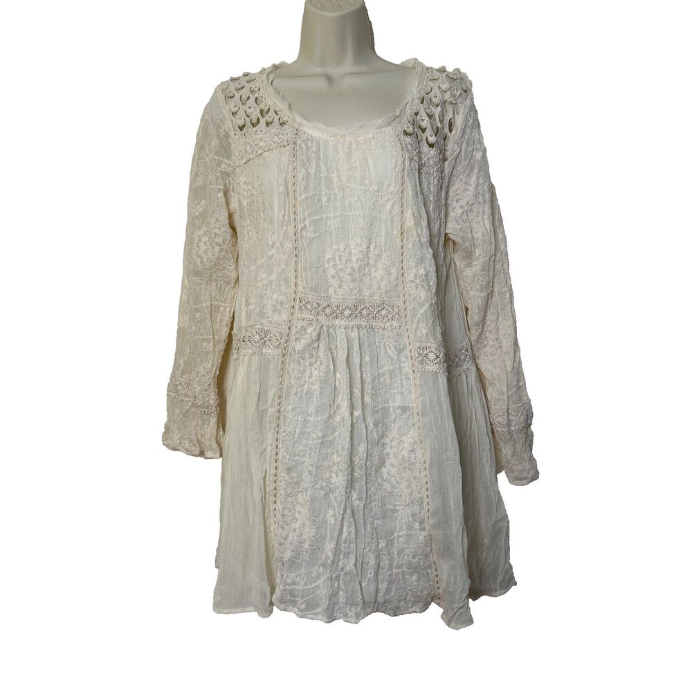 V Cristina Ivory Crochet Embroidered Romantic Peasant Tunic Blouse Women's L